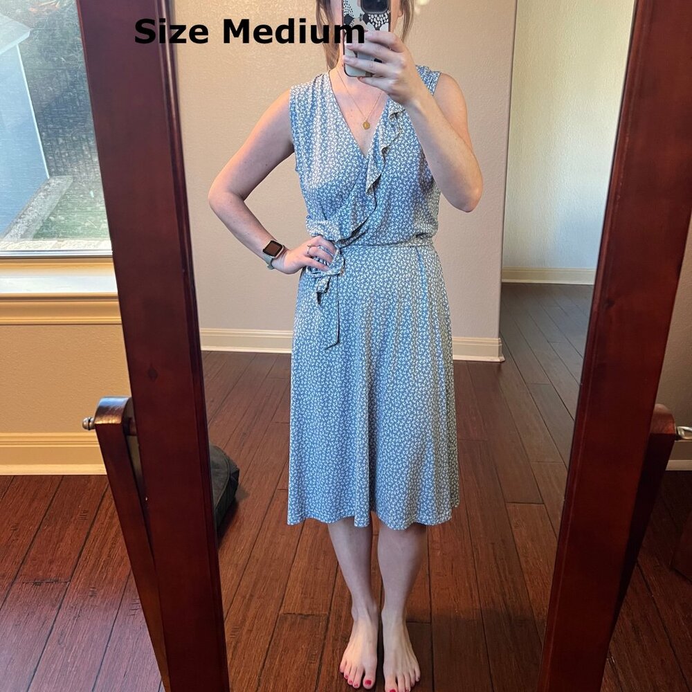 Leota Sleeveless Light Blue & White Bird Print Faux Wrap Dress Medium *Rare*